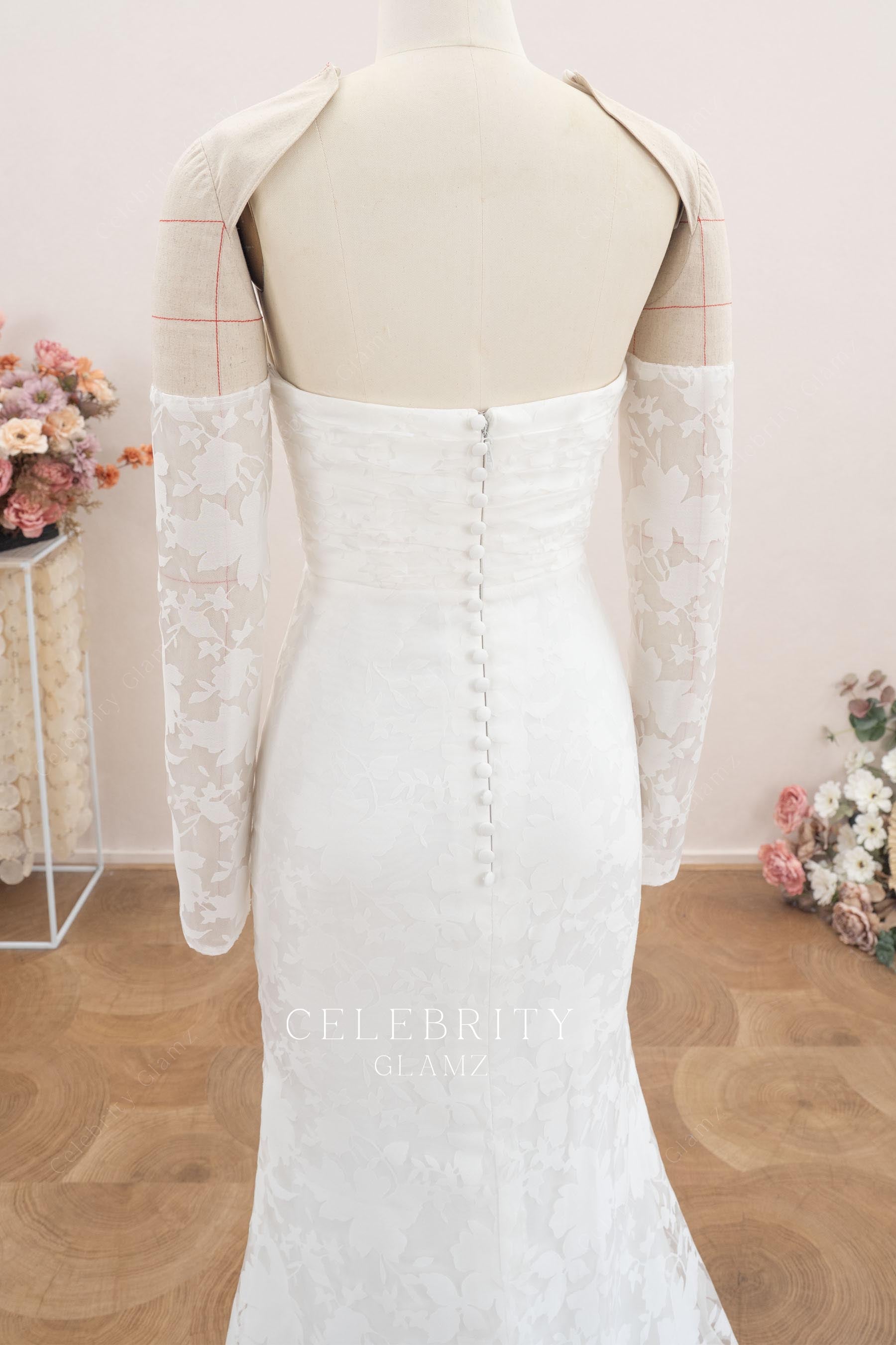 buttoned open back bridal dress 