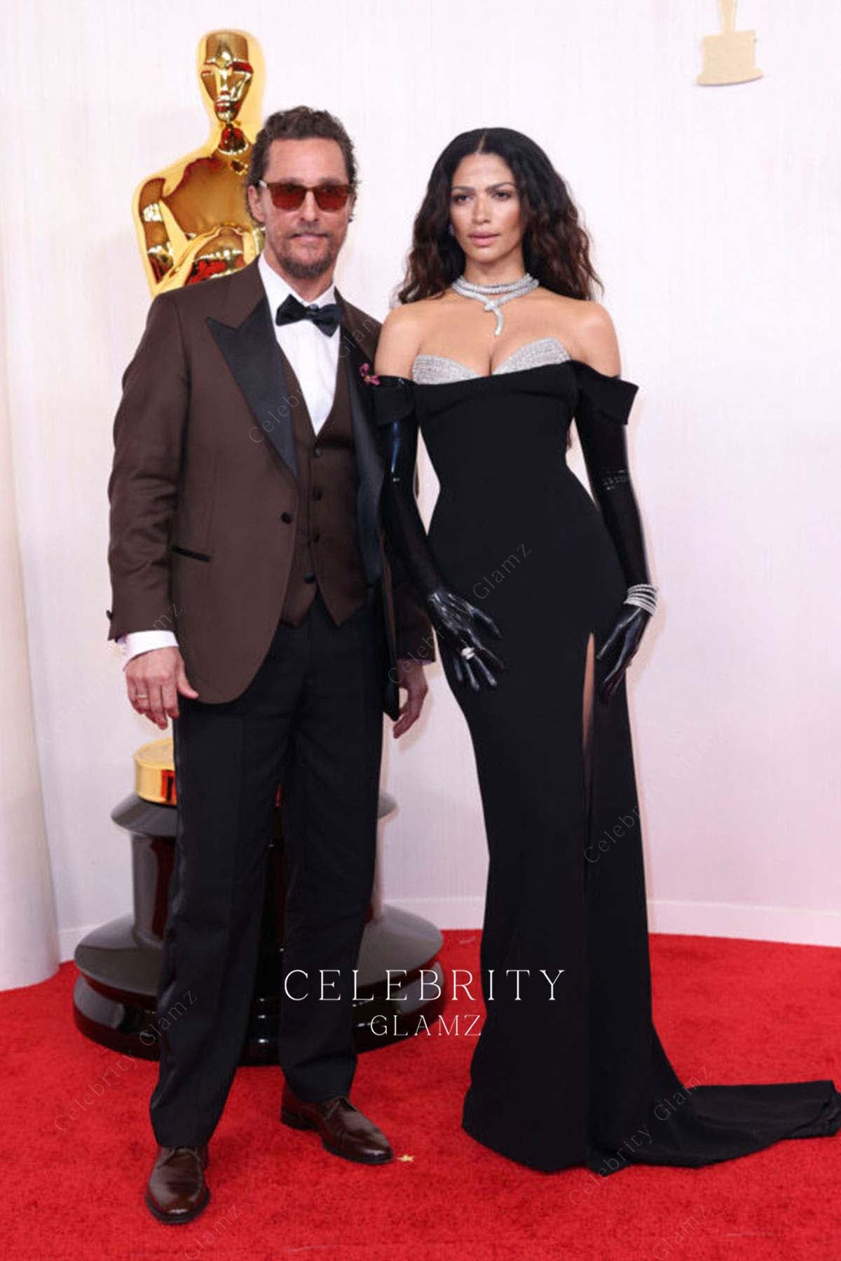 Camila Alves V neck formal dress 2024 Oscars red carpet