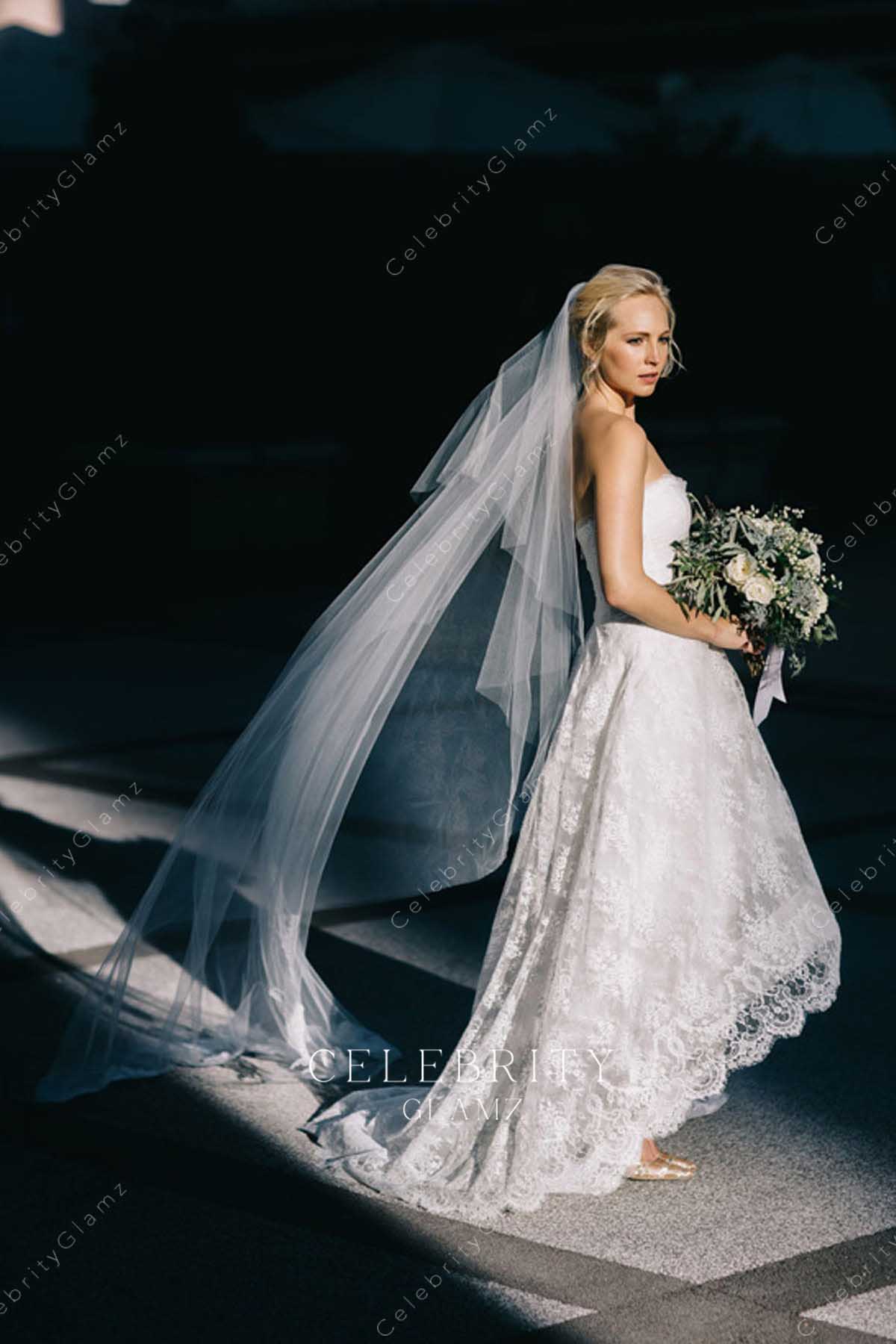 Candice Accola white lace high low wedding dress