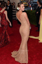 Candice Swanepoel gold lace v back evening dress met gala 2015