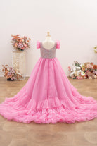 candy pink organza court train pageant ballgown