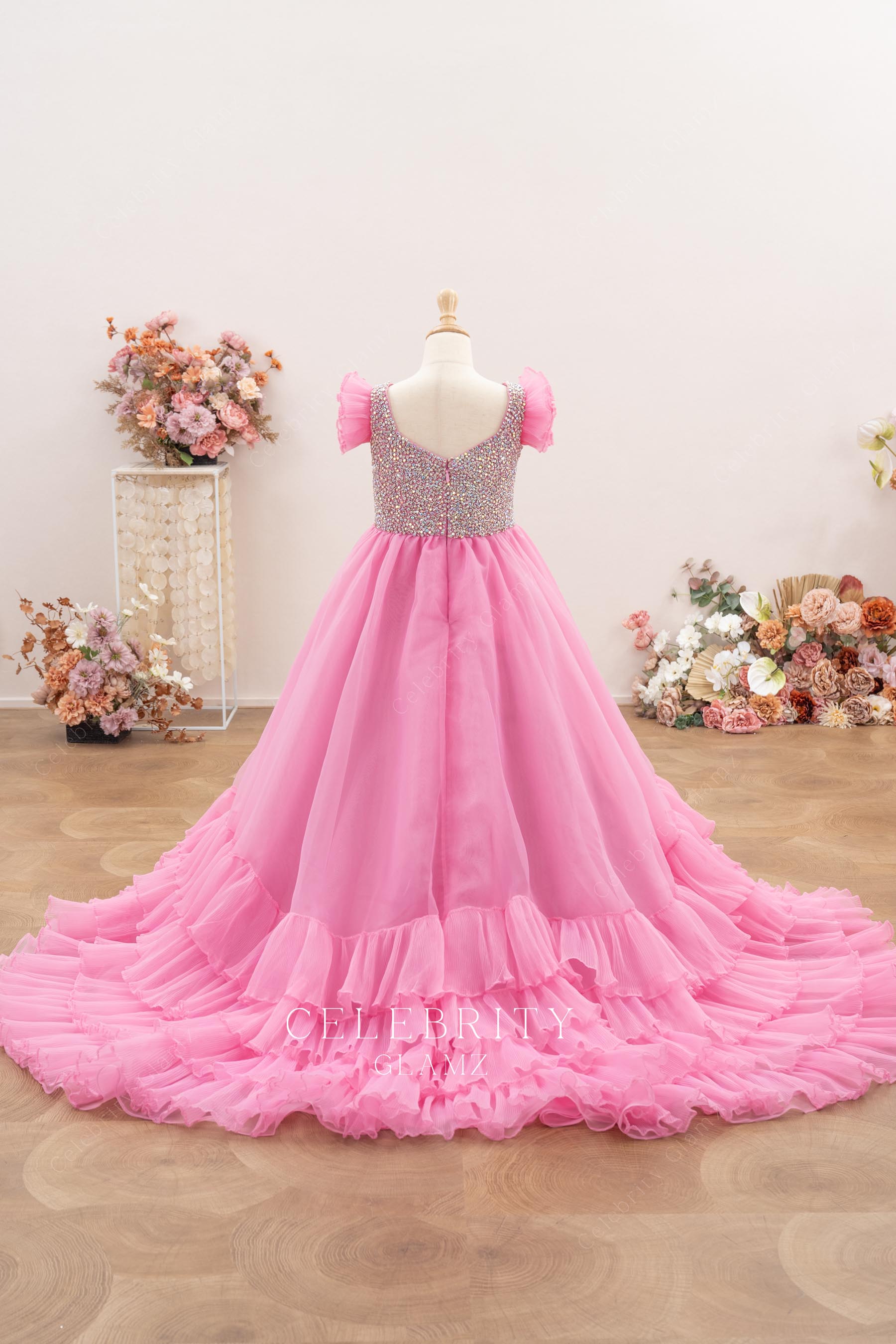 candy pink organza court train pageant ballgown