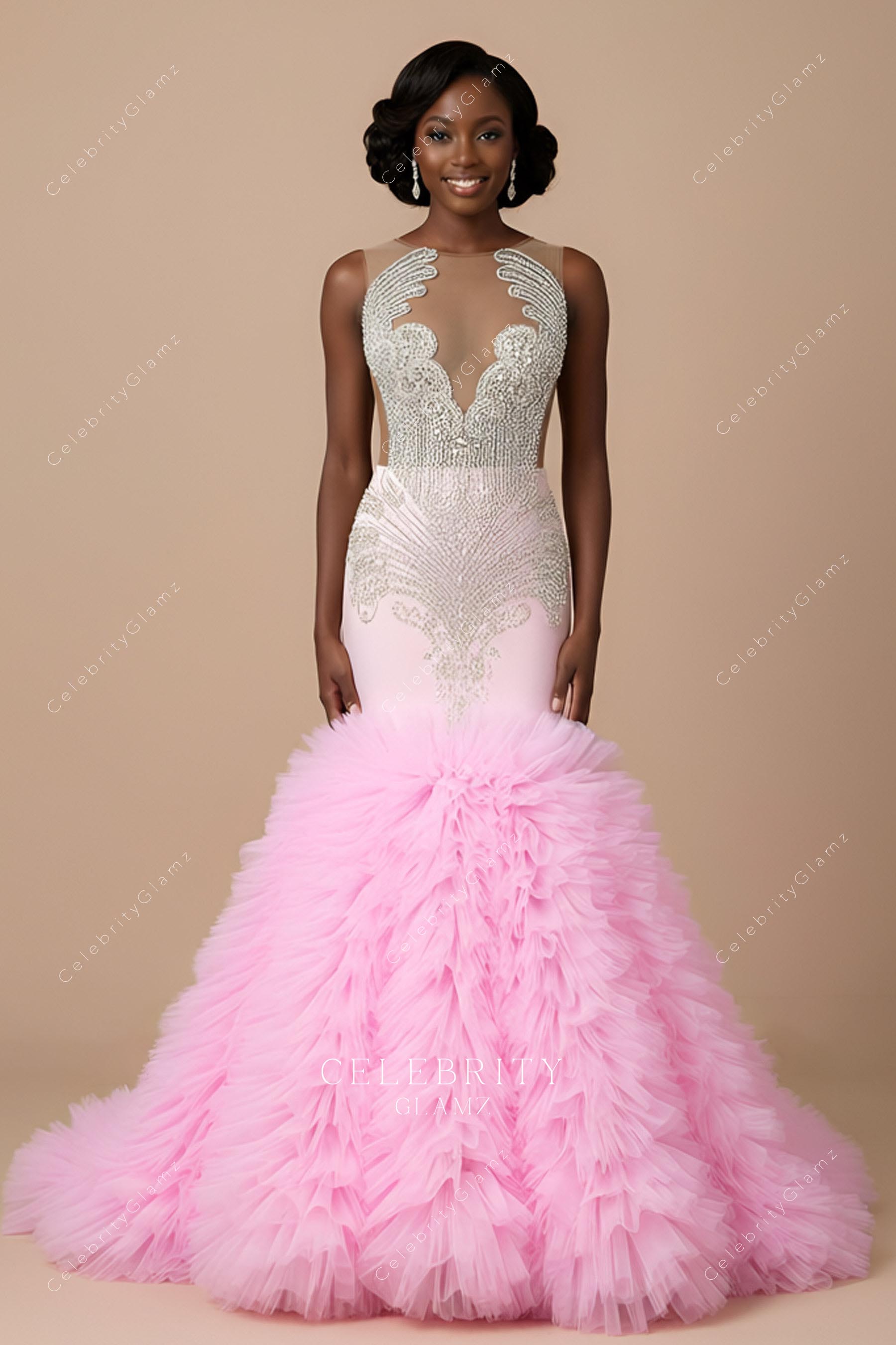 candy pink ruffled tulle prom gown
