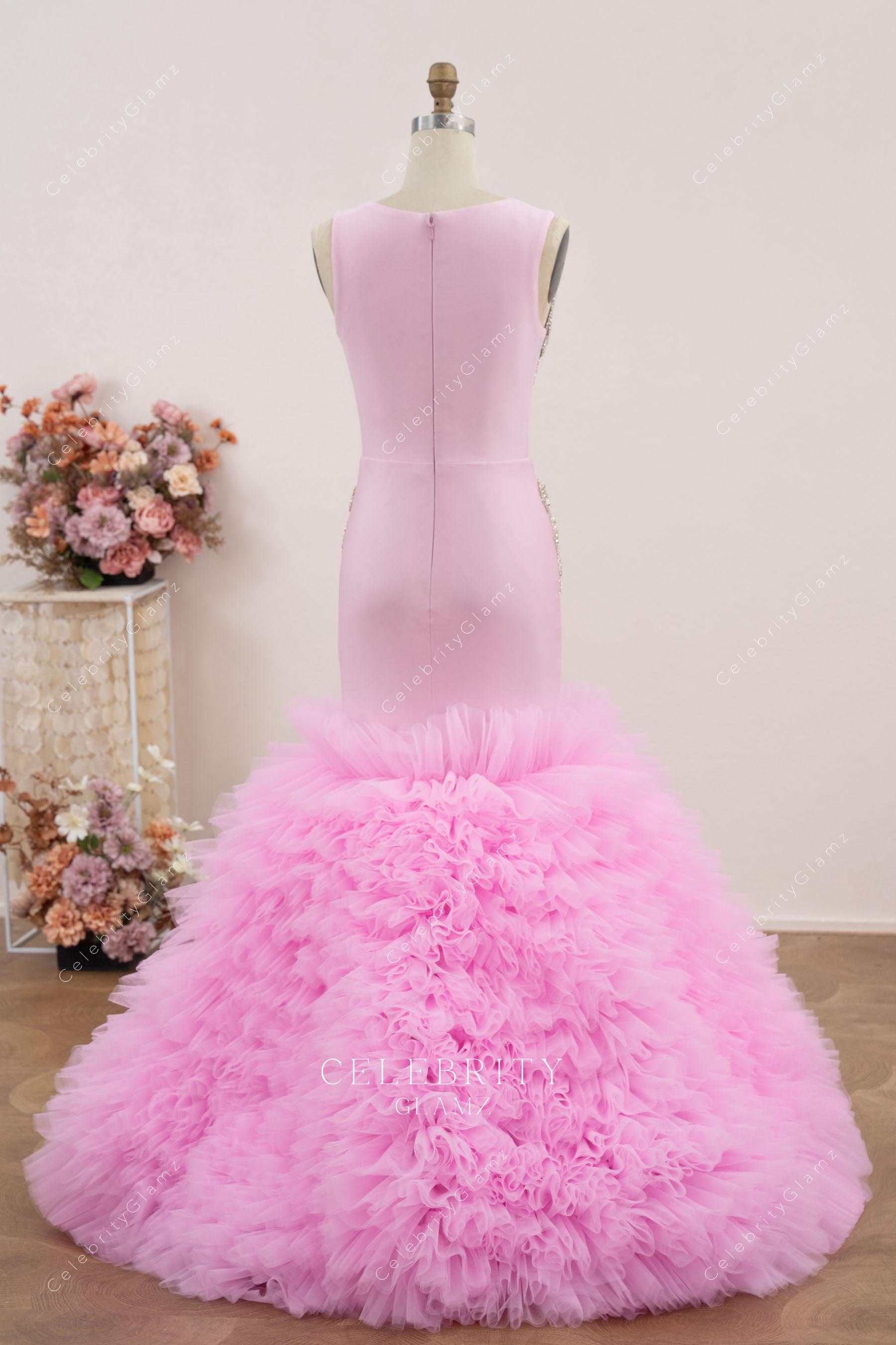 candy pink ruffled tulle trumpet prom dress
