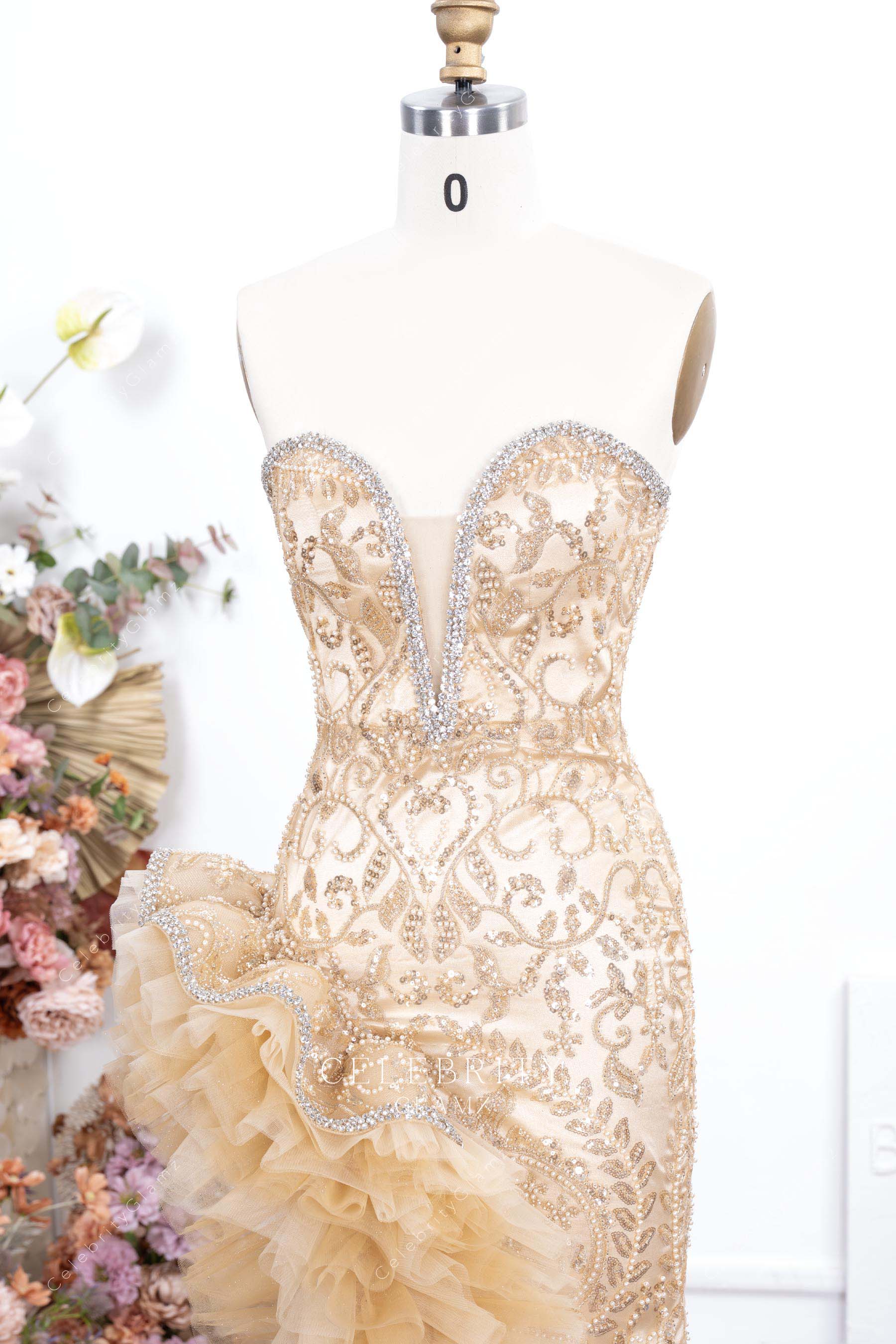 champagne beaded sweetheart neck prom dress