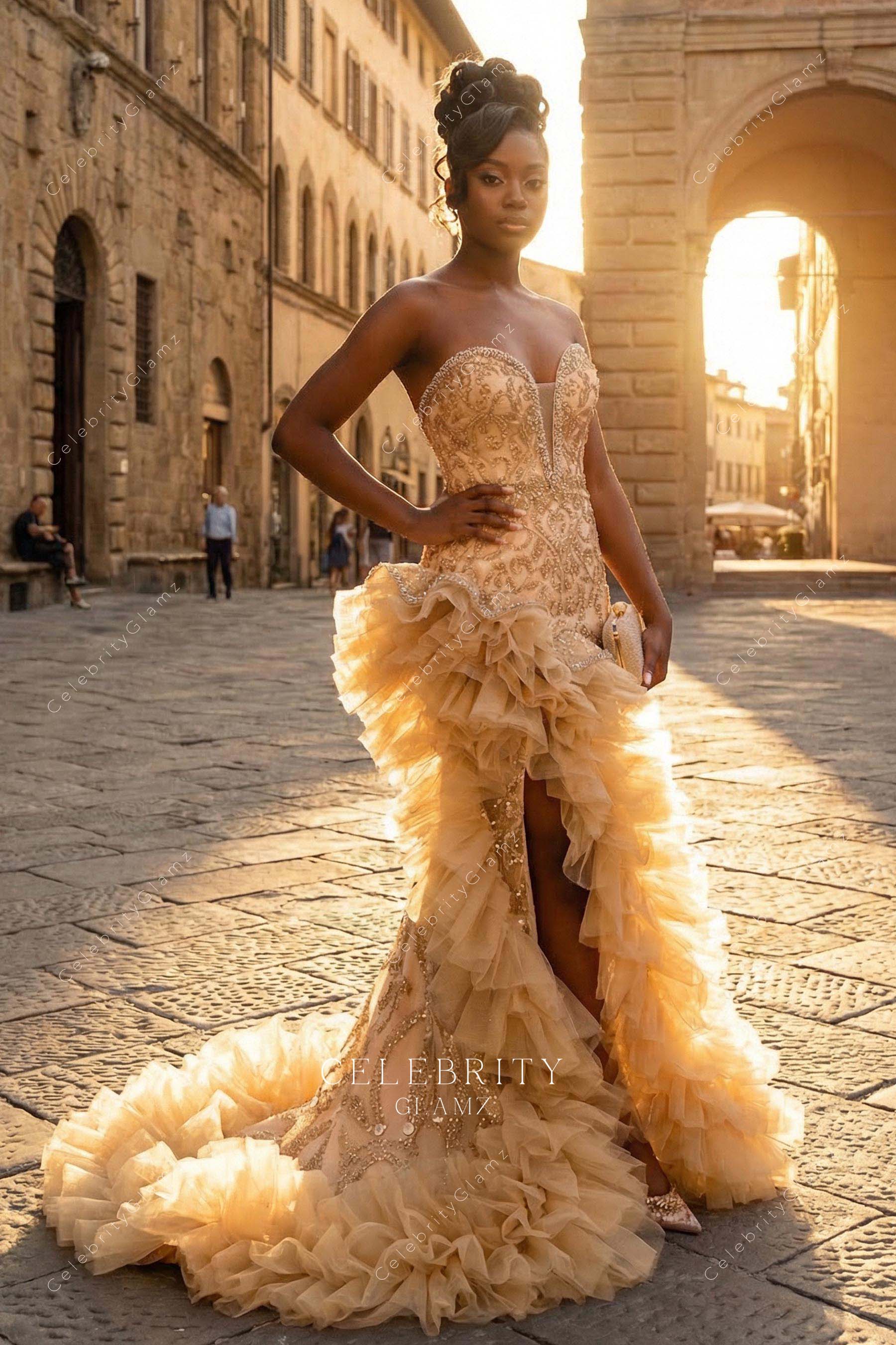 champagne beaded thigh split prom dress