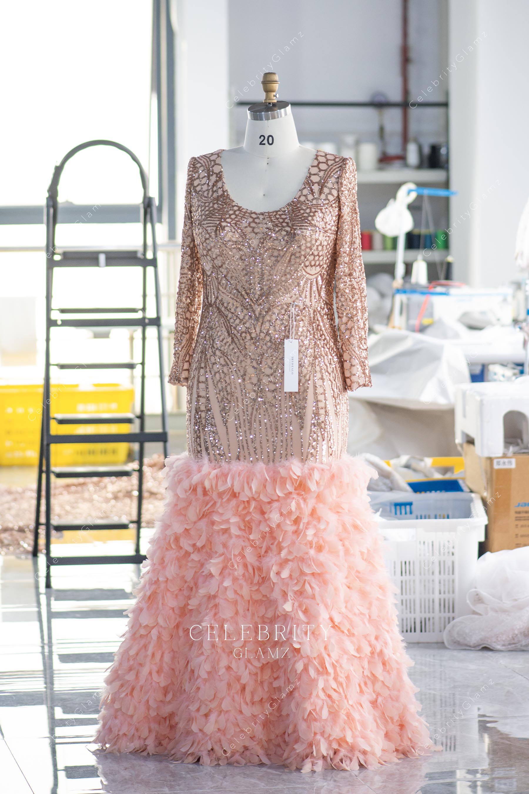 champagne glitter feather prom dress