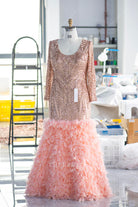 champagne glitter feather prom dress