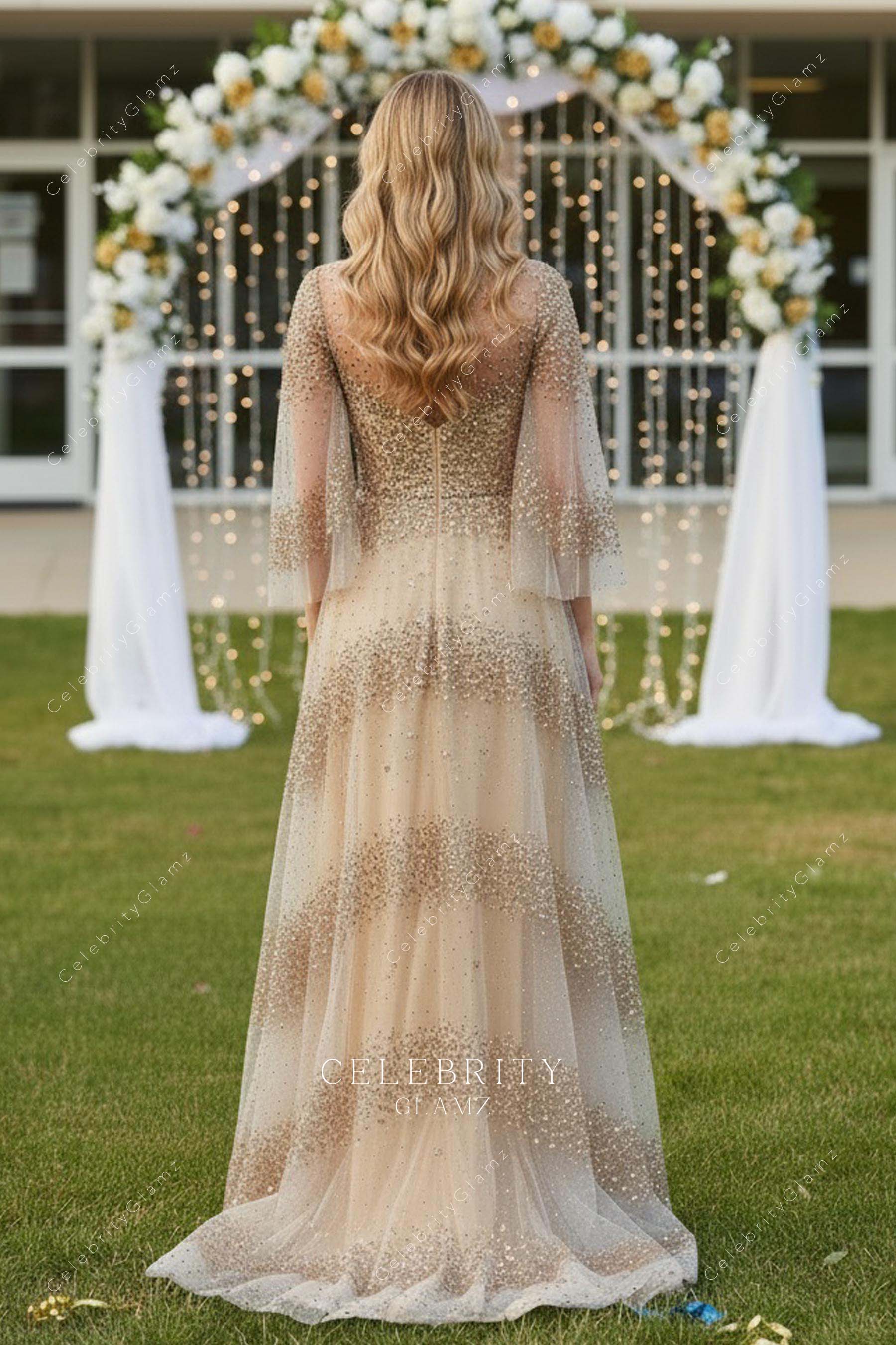 champagne gold flutter sleeve prom dress