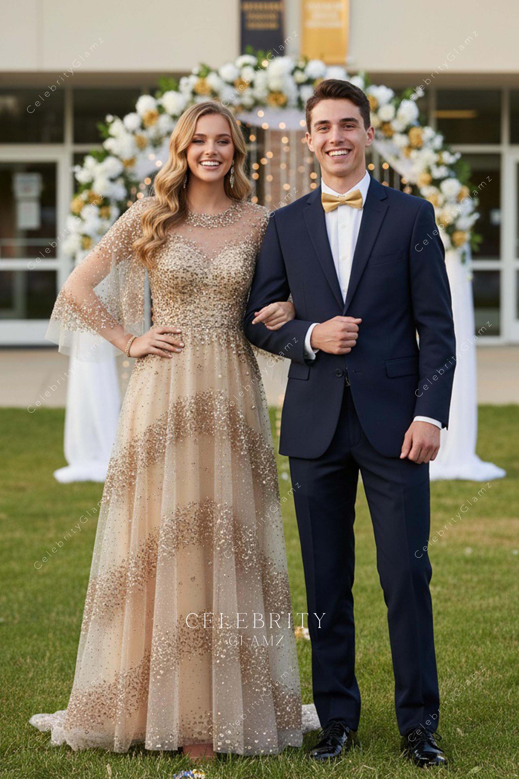 champagne gold sequin a line prom dress