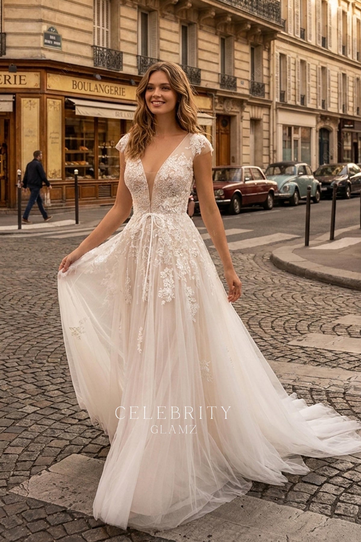 champagne shimmery lace wedding dress