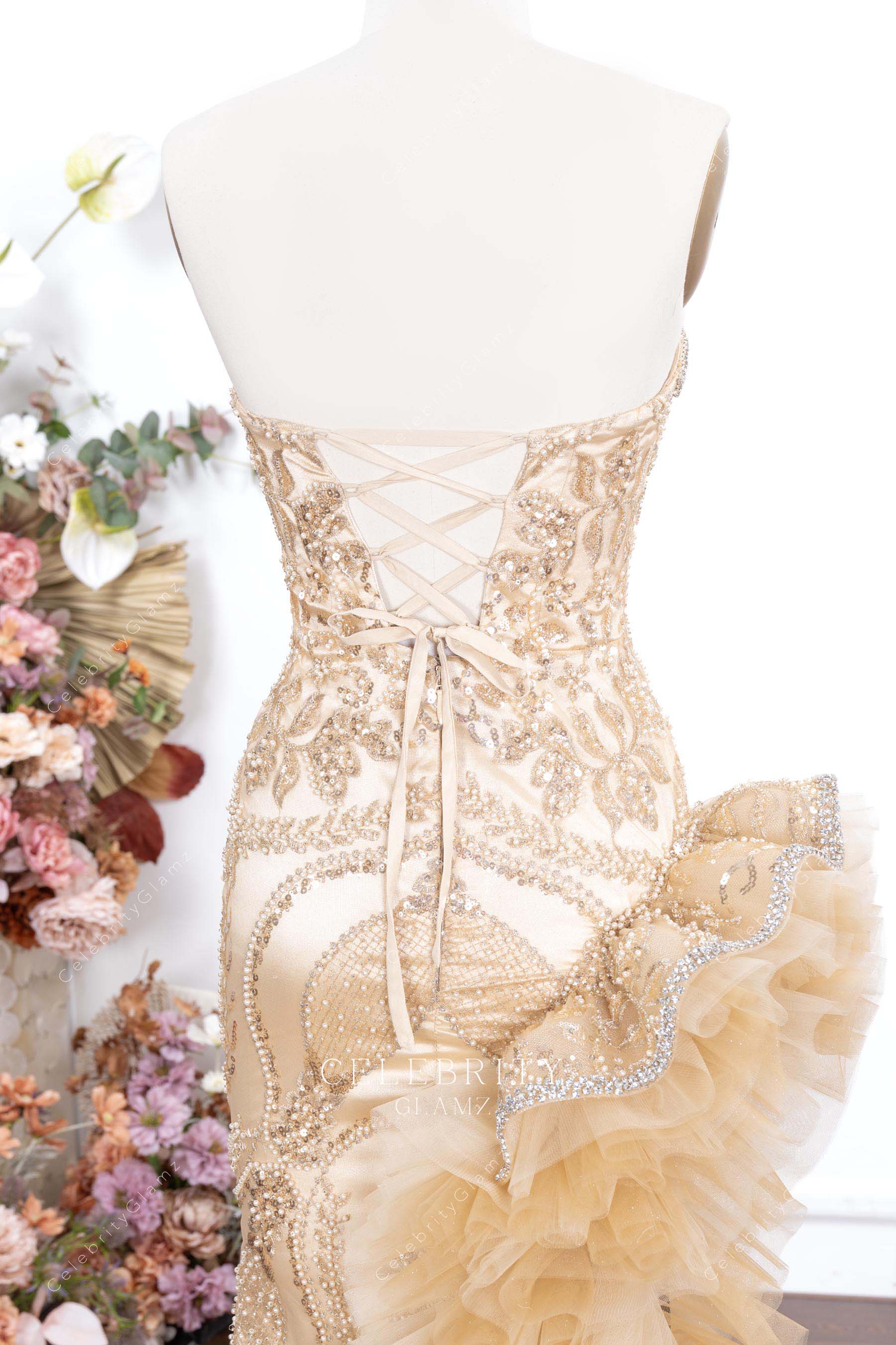 champagne strapless lace up back prom dress