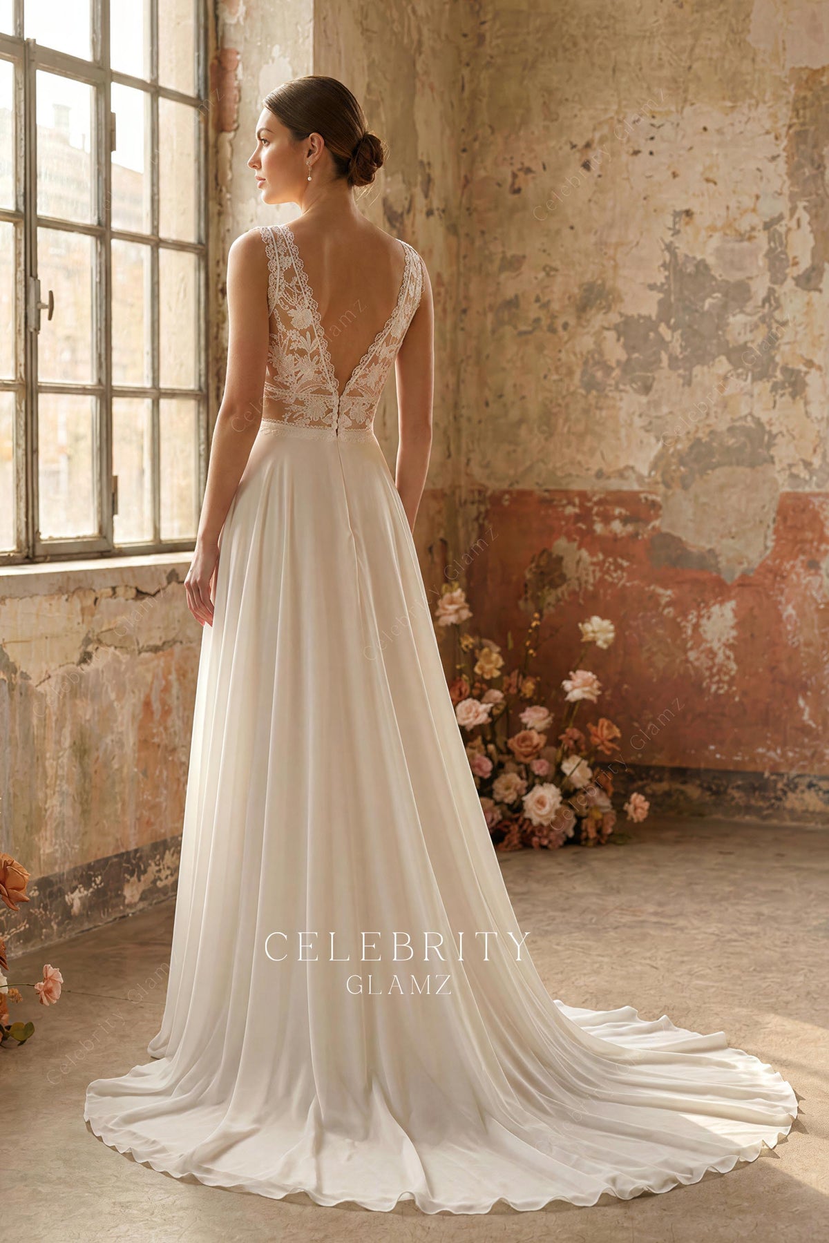 chapel train chiffon wedding dress