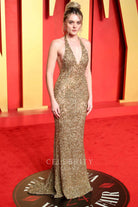 Charlotte Lawrence deep v neck prom dress 2024 Oscars after party