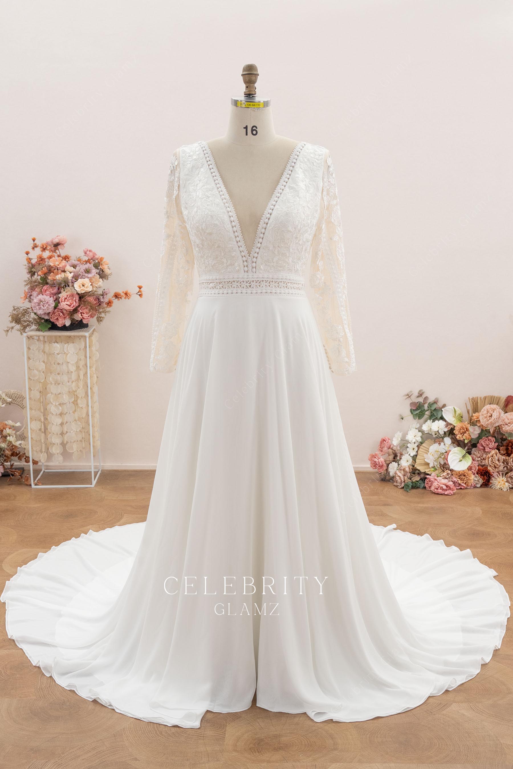 chiffon a line long sleeve wedding dress