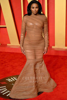 Ciara warm beige trumpet prom dress 2024 Oscars after party