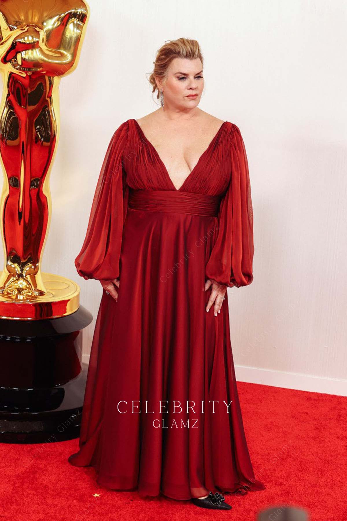 Claire Kaufman burgundy a line dress 2024 Oscars red carpet 