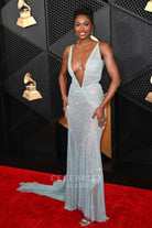 Coco Jones glitter plunging neck prom dress Grammys red carpet 2024 