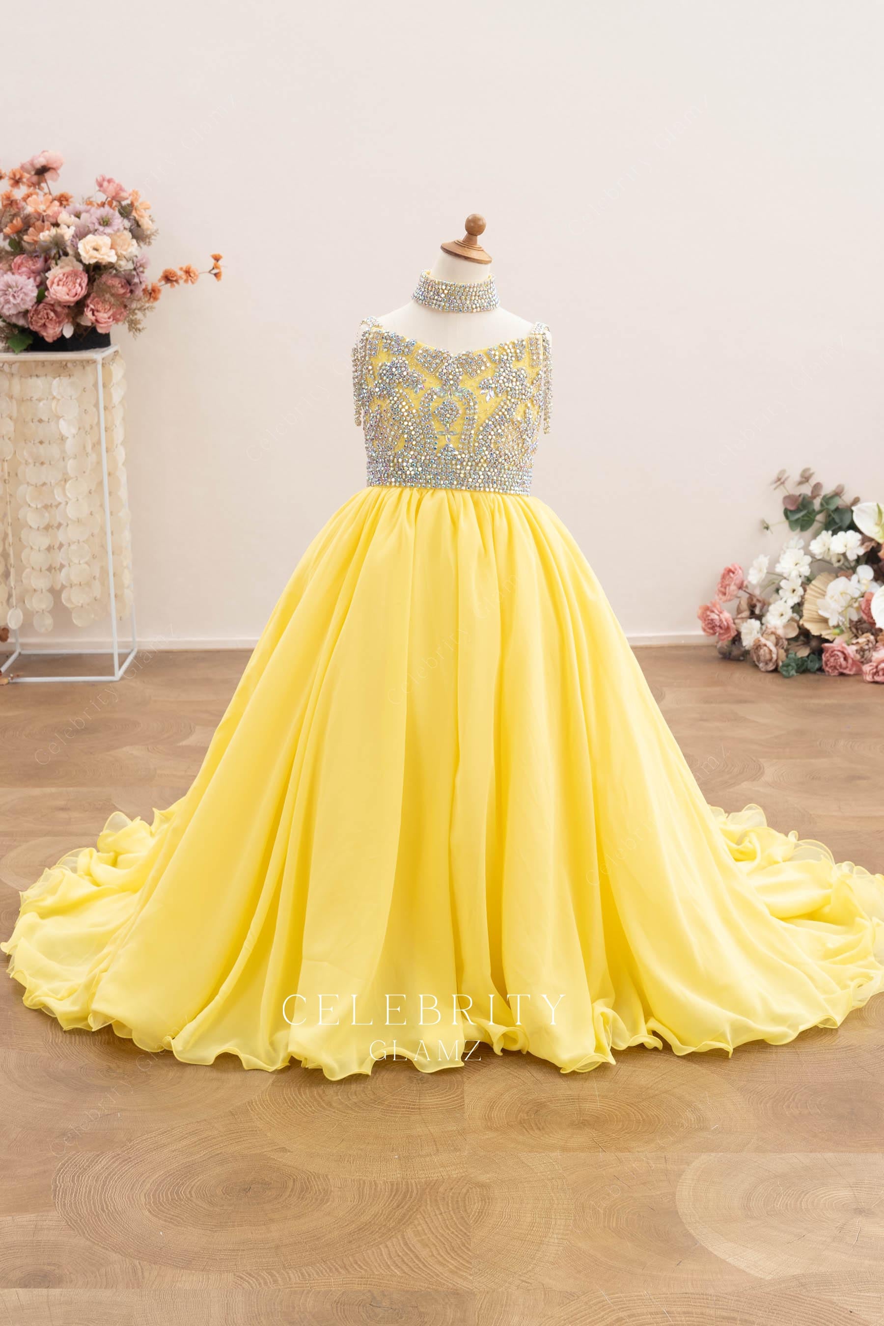 cold shoulder sleeve yellow pageant dress