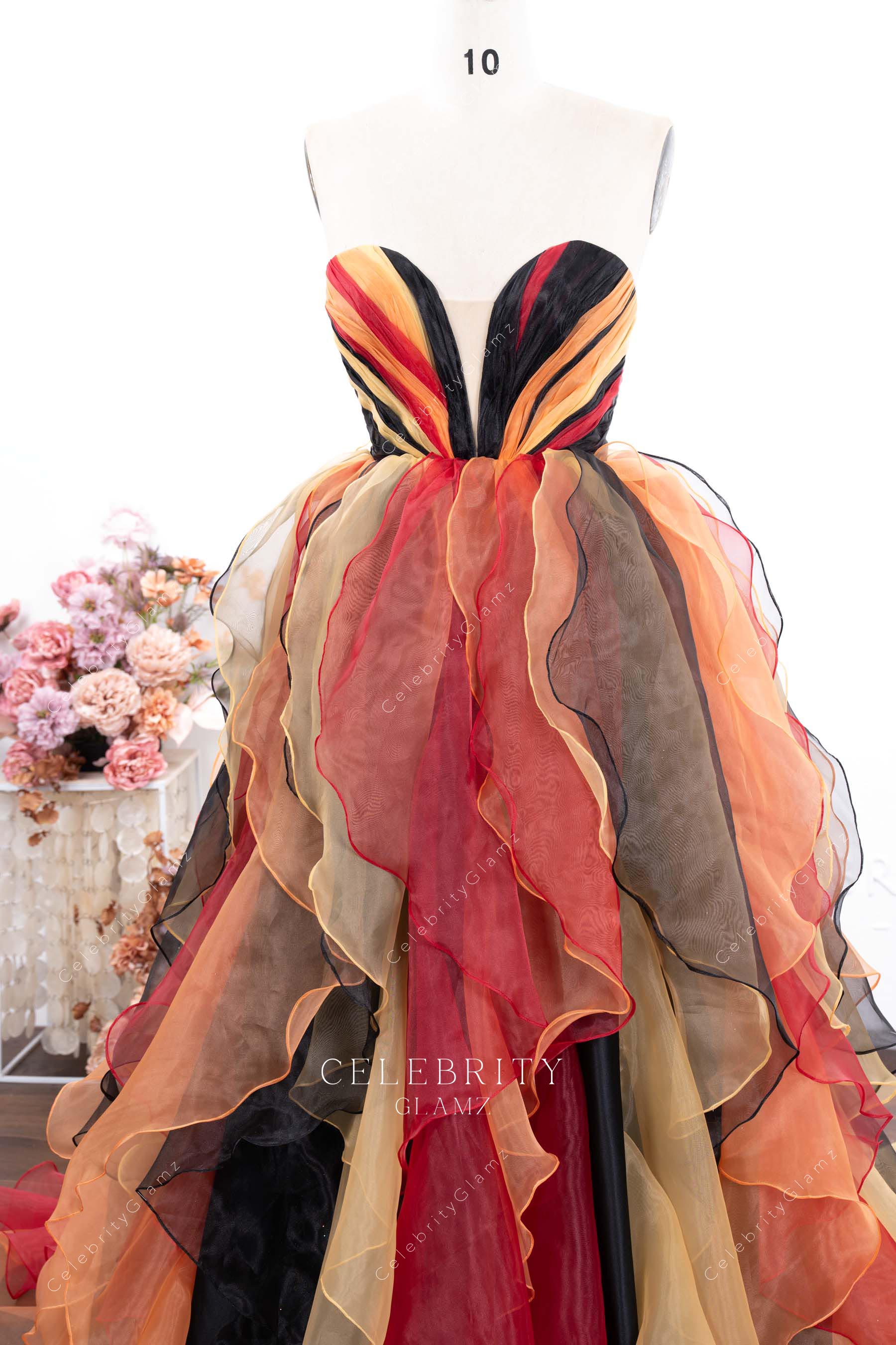 colorful strapless ruffles prom ballgown