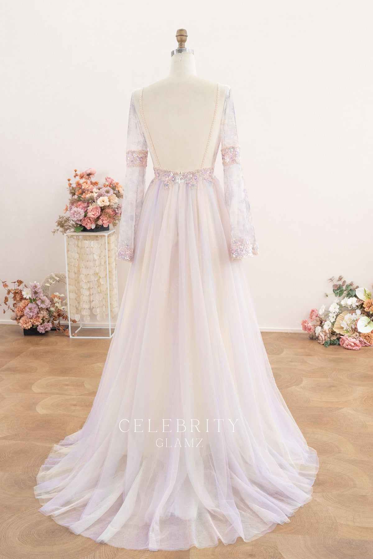 colorful tulle illusion train wedding dress