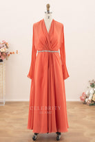 coral chiffon v neck evening dress