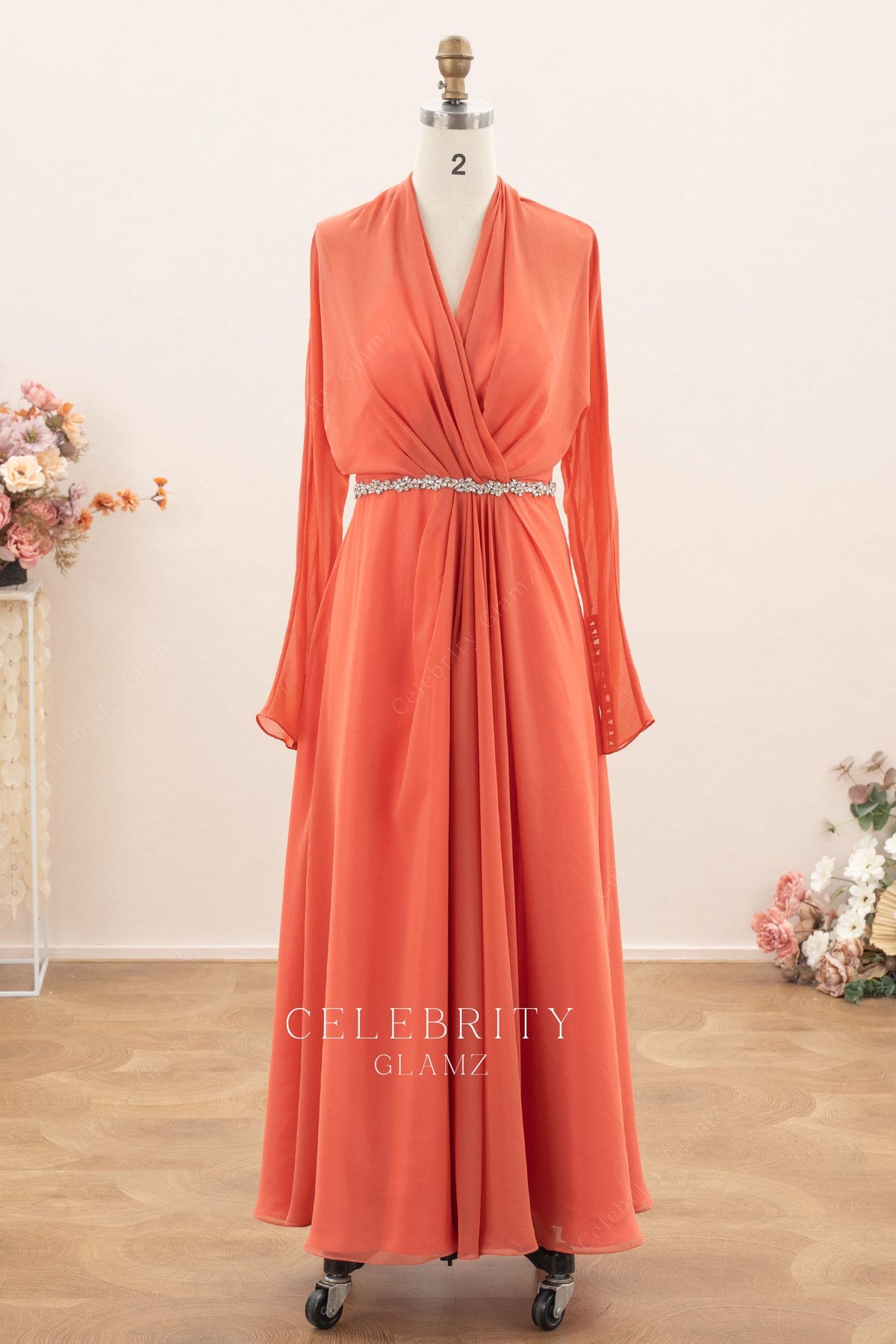 coral chiffon v neck evening dress