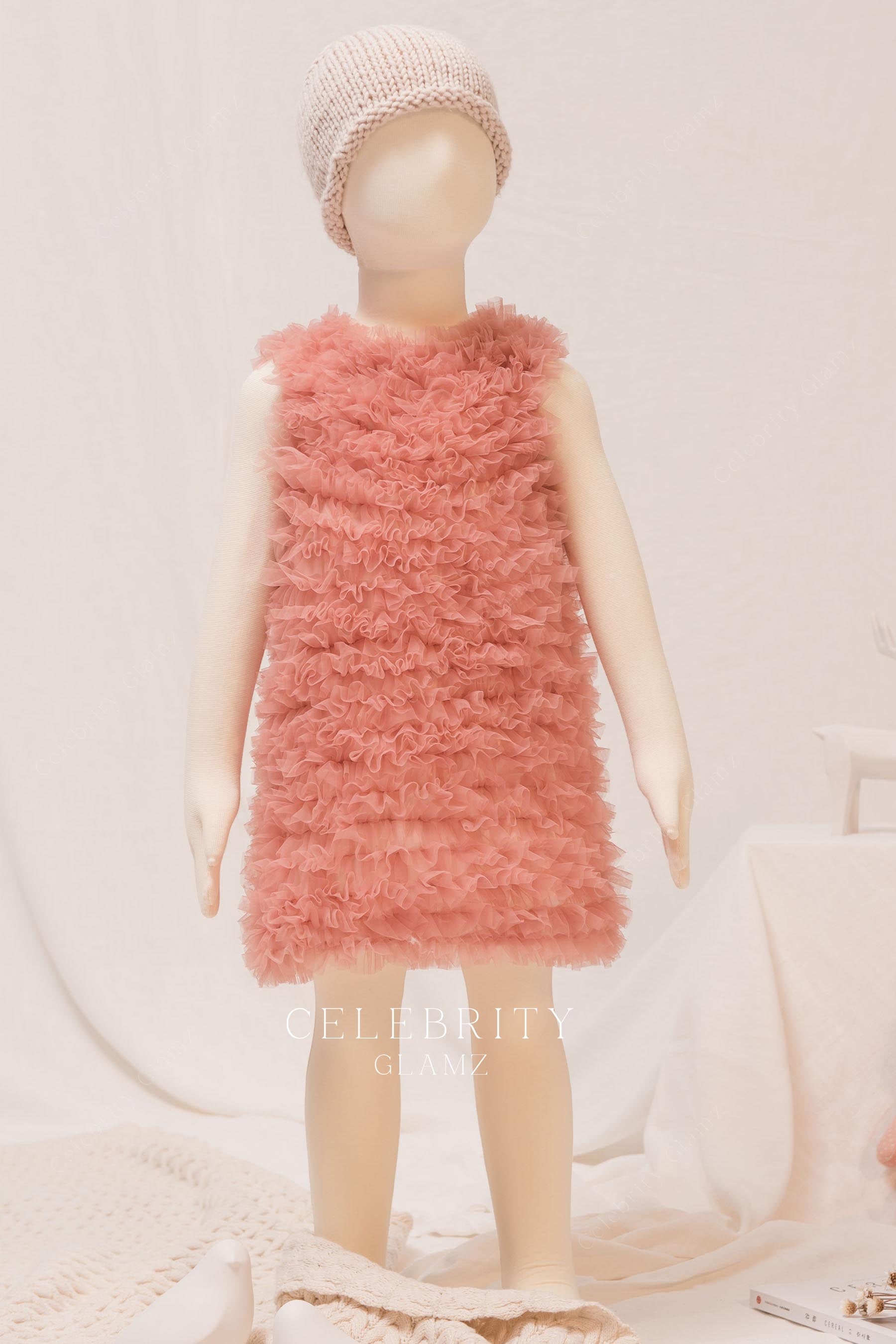 coral ruffled tulle kids formal dress