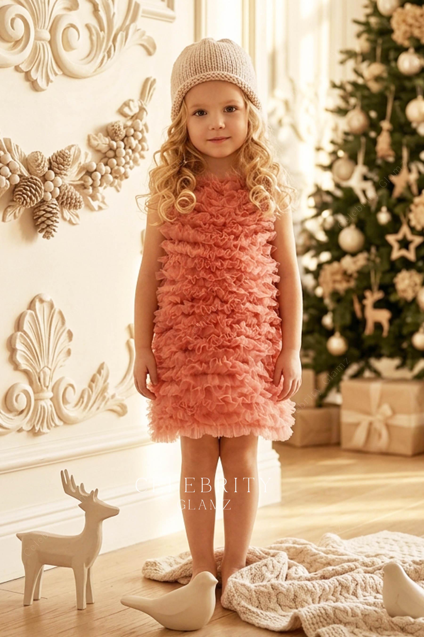 coral ruffled tulle sleeveless kids dress