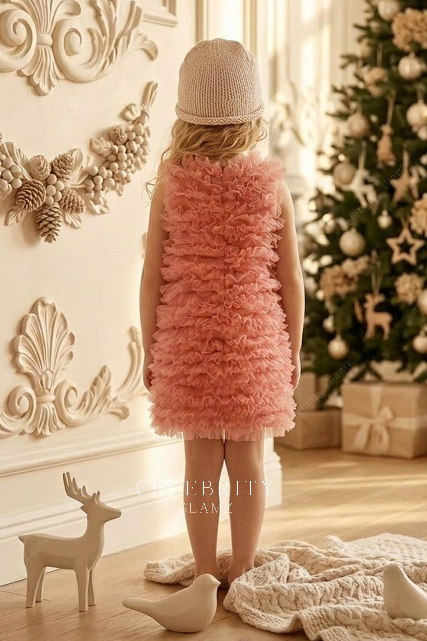 coral tulle short kids formal dress
