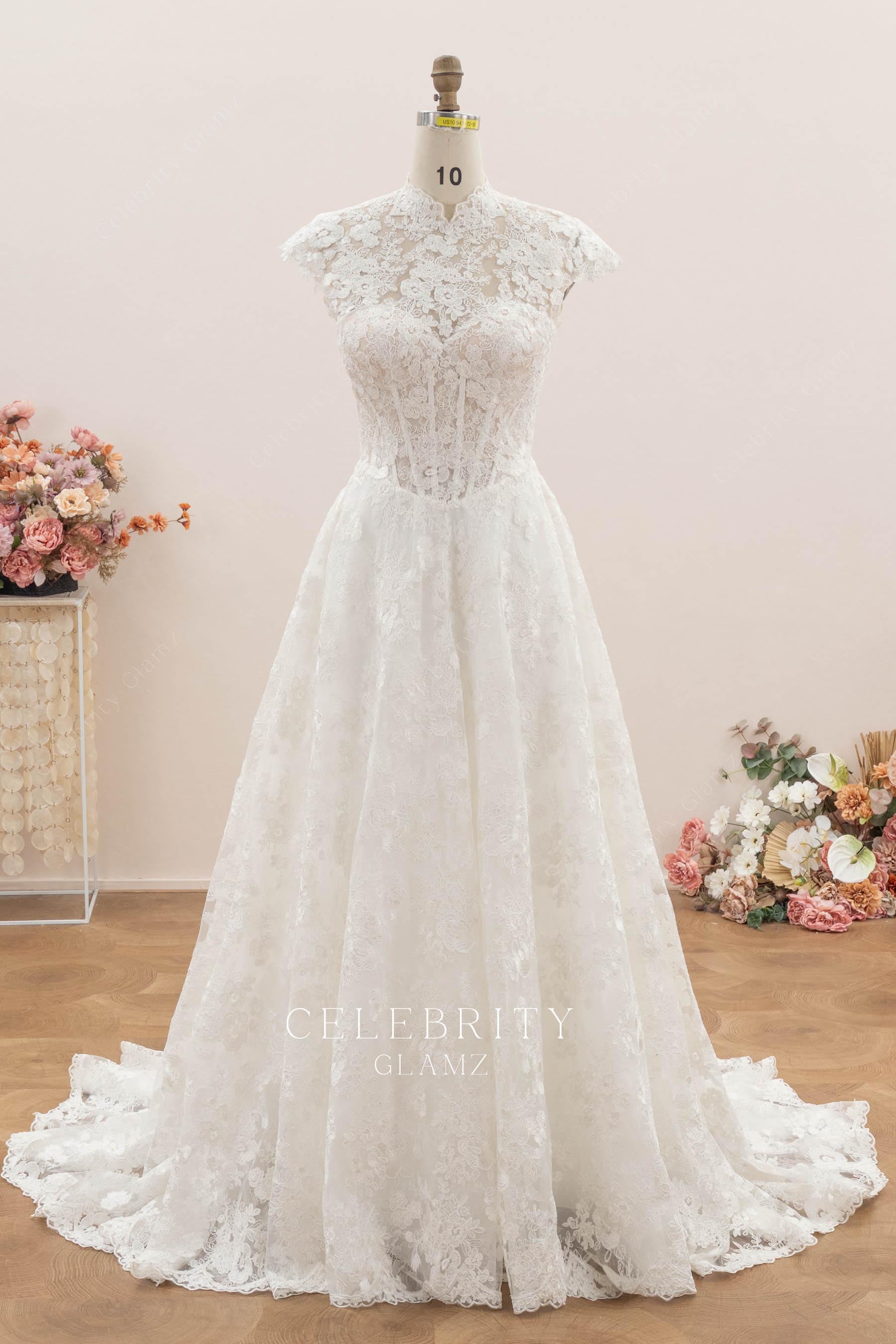 corded lace cap sleeve wedding dress