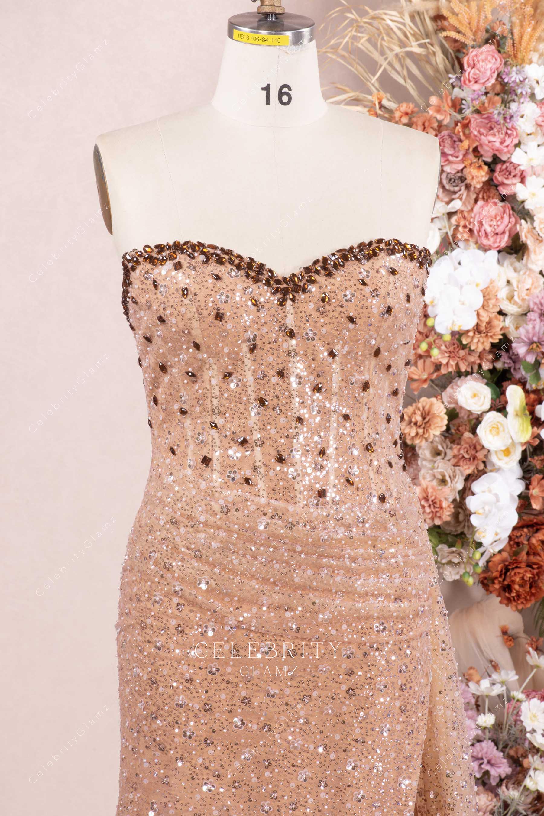 crystals coffee sweetheart neck prom dress
