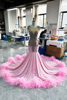 crystals illusion neck prom dress