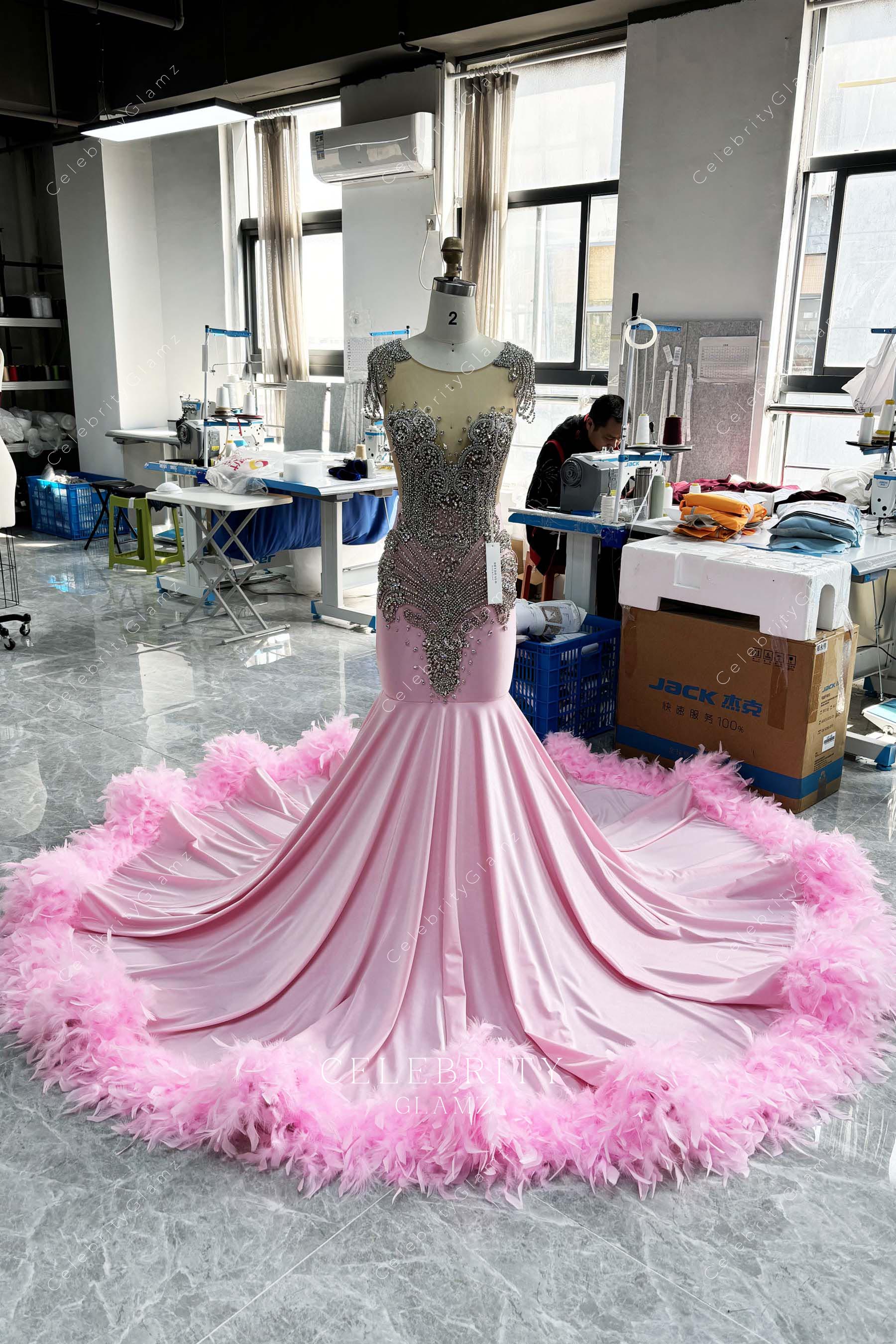 crystals illusion neck prom dress