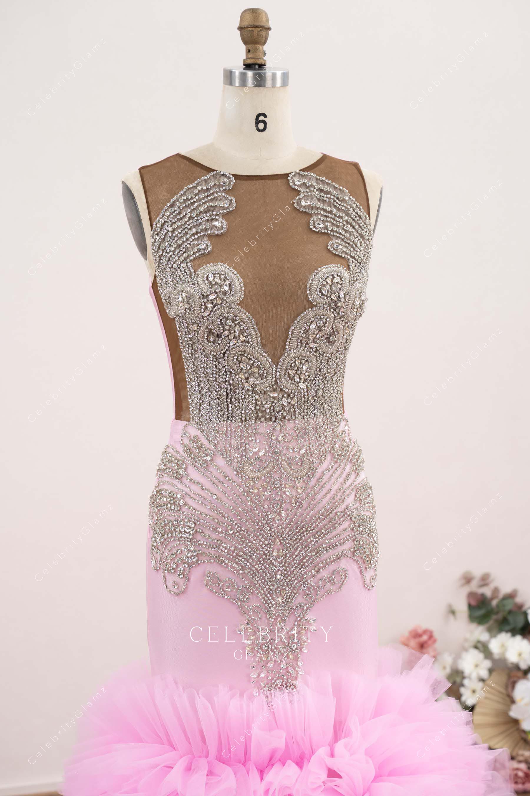 crystals sleeveless candy pink prom dress