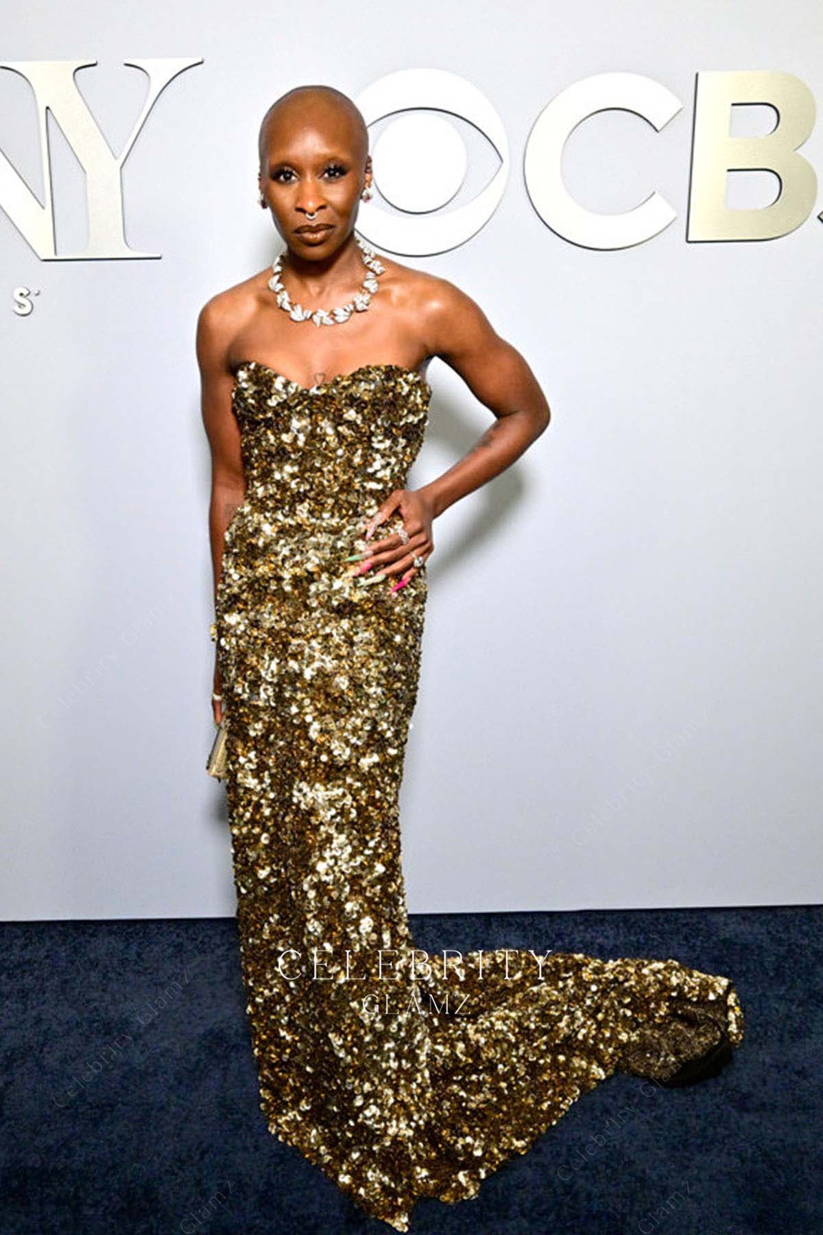 Cynthia Erivo golden strapless prom dress 2024 Tony awards