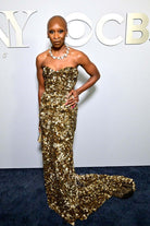 Cynthia Erivo golden strapless prom dress 2024 Tony awards