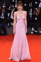 Dakota Johnson pink v neck 2015 Venice film festival dress 