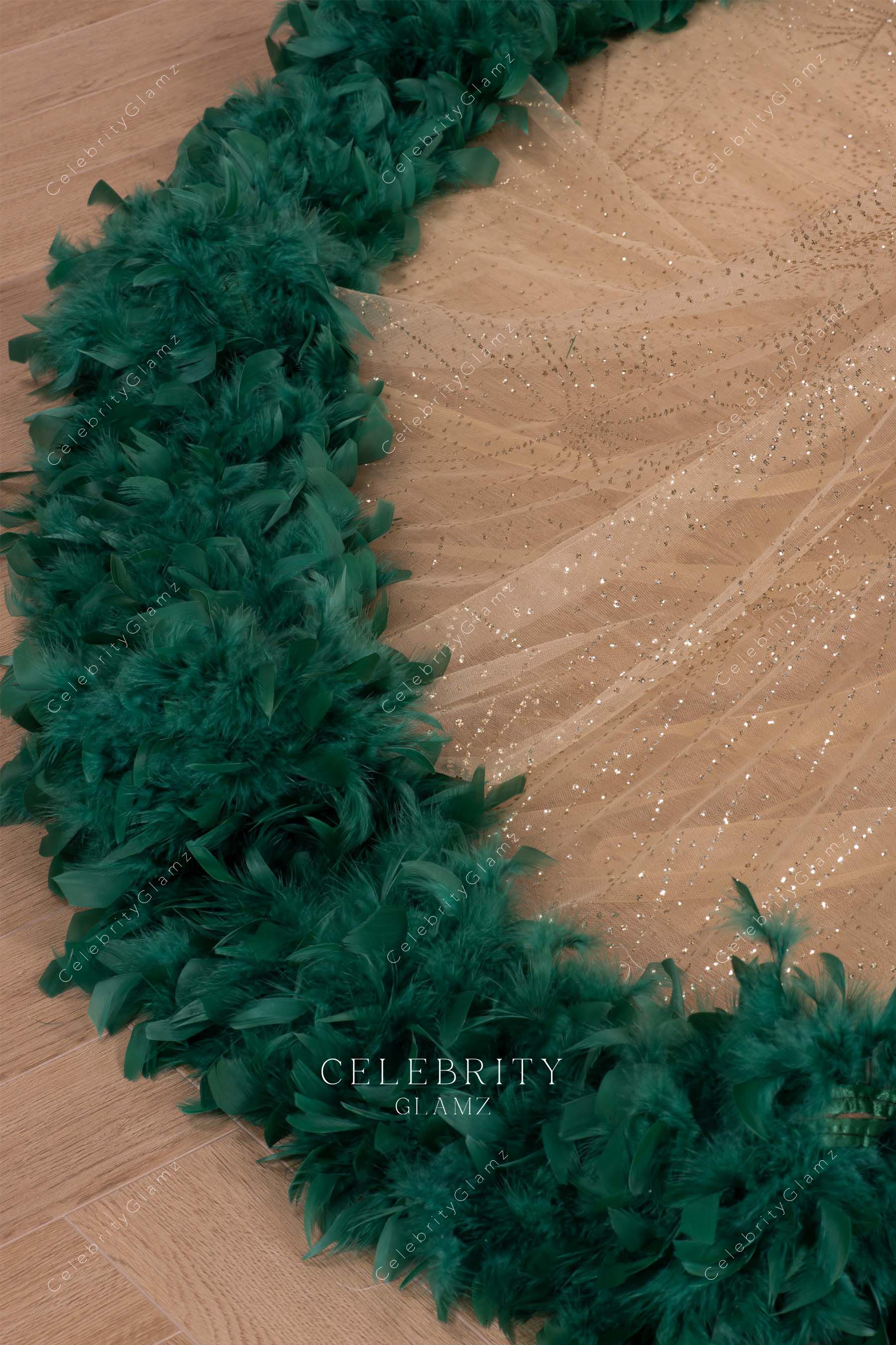 dark green feather hem prom dress