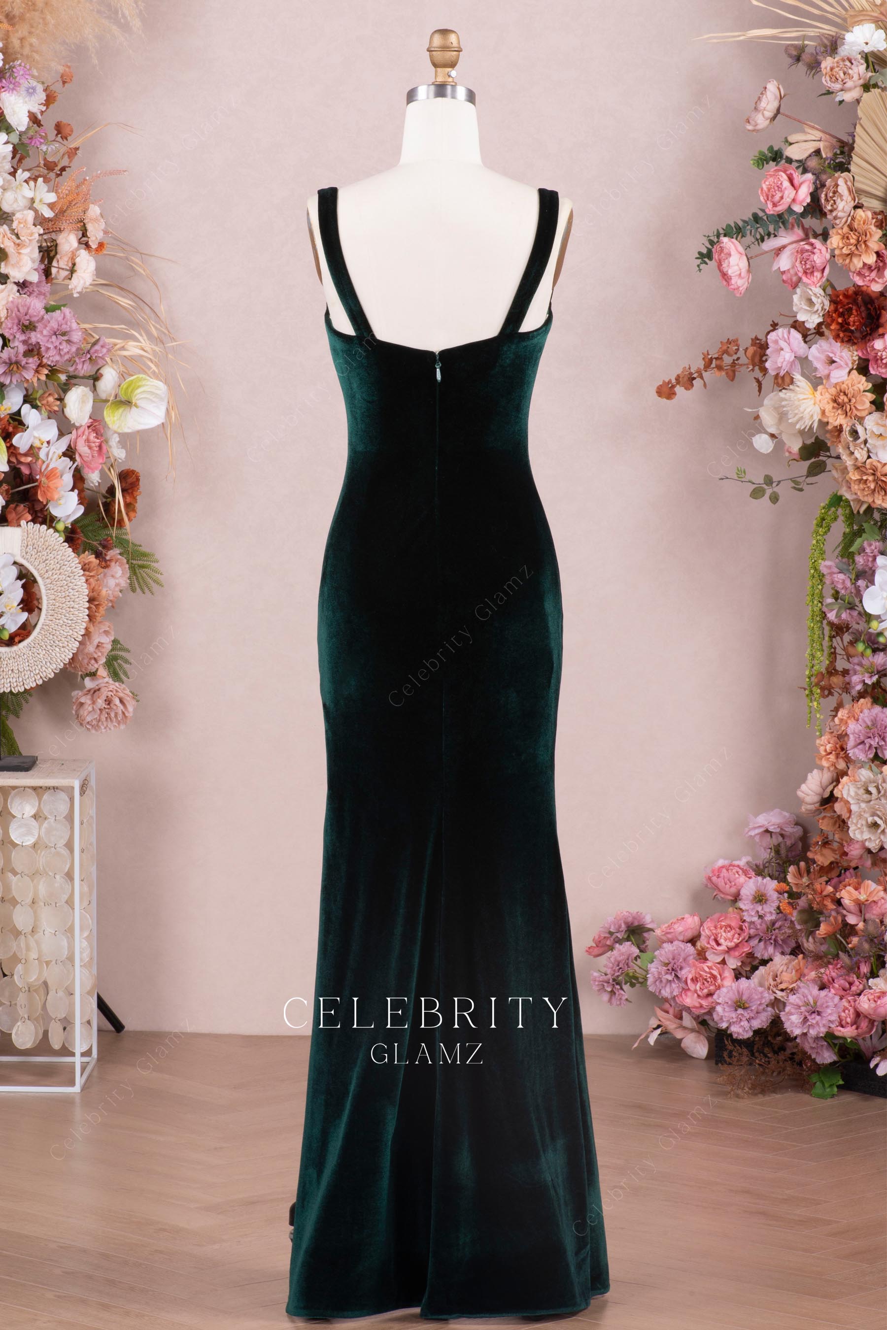 dark green velvet fit flare prom dress
