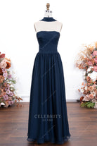 dark navy chiffon strapless bridesmaid dress