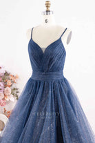 dark navy glitter tulle thin straps prom dress
