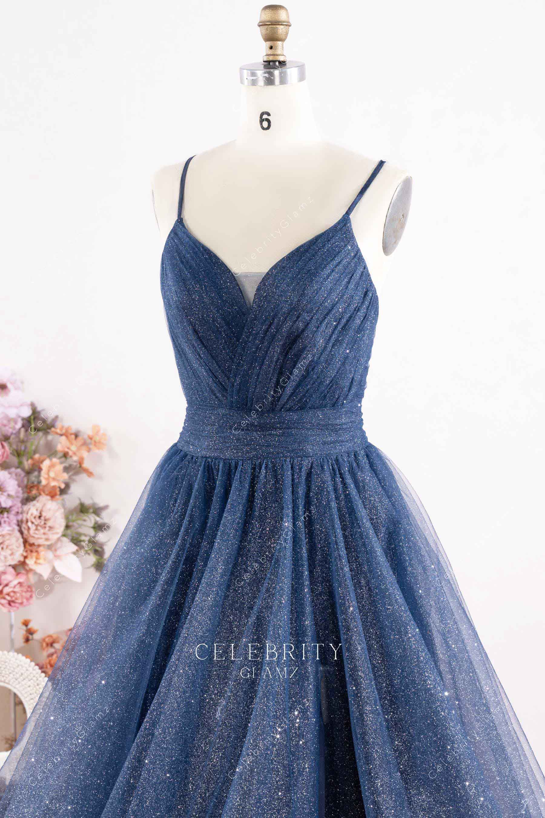 dark navy glitter tulle thin straps prom dress