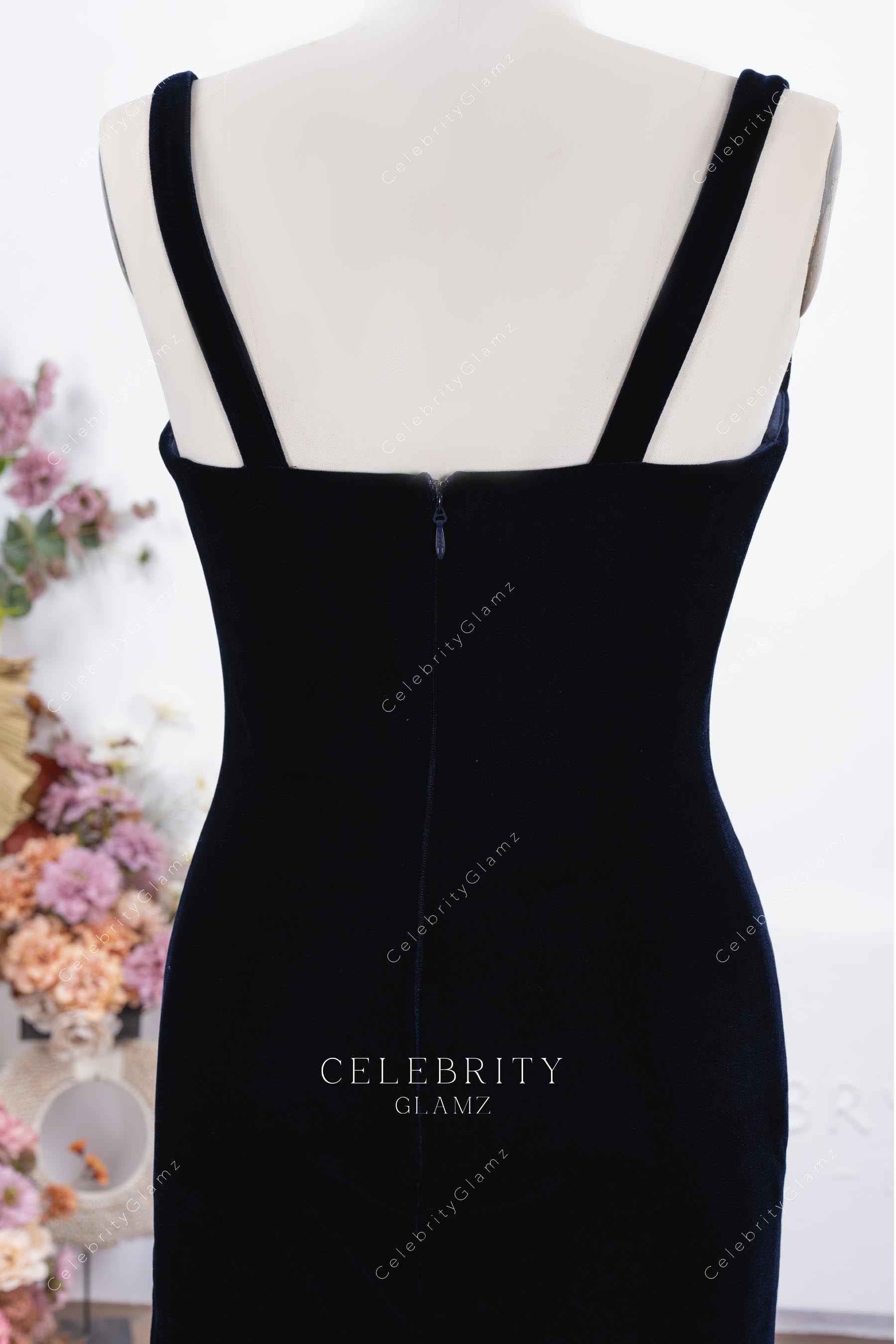 dark navy velvet wide straps prom dress