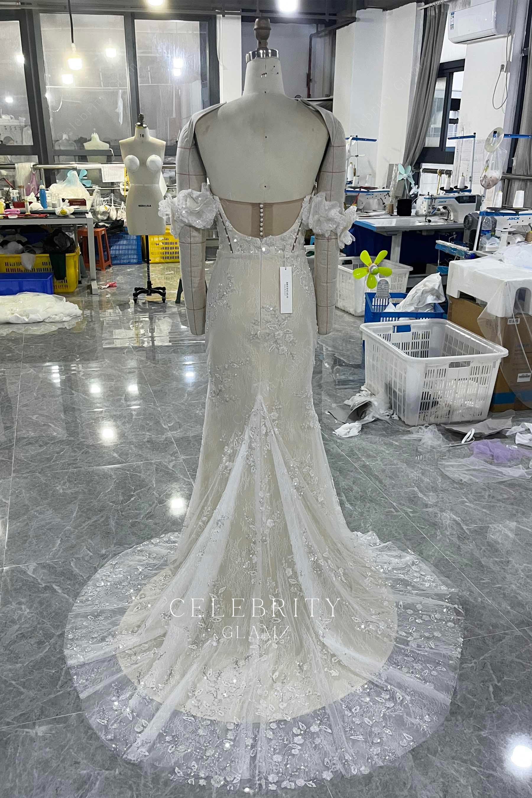 delicate lace applique court train wedding dress