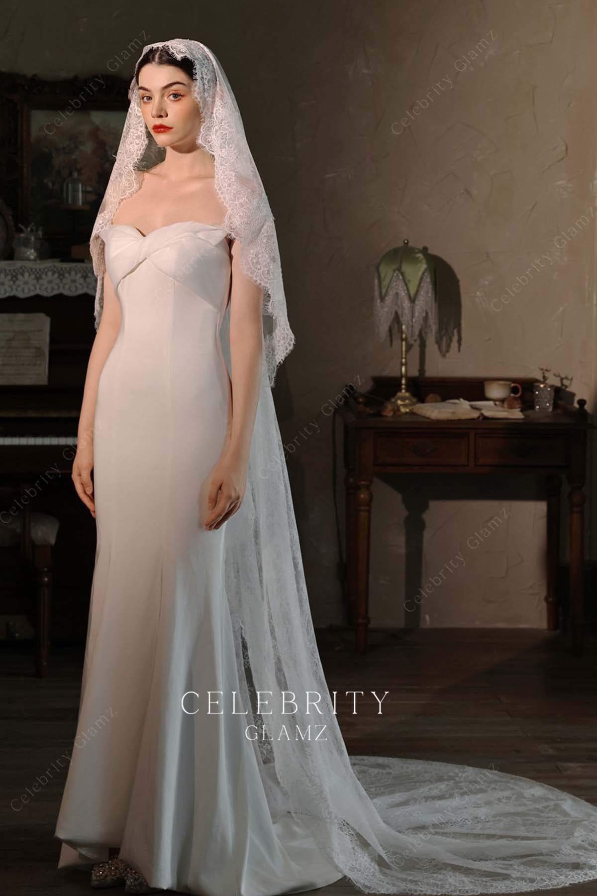 delicate lace chapel length bridal veil