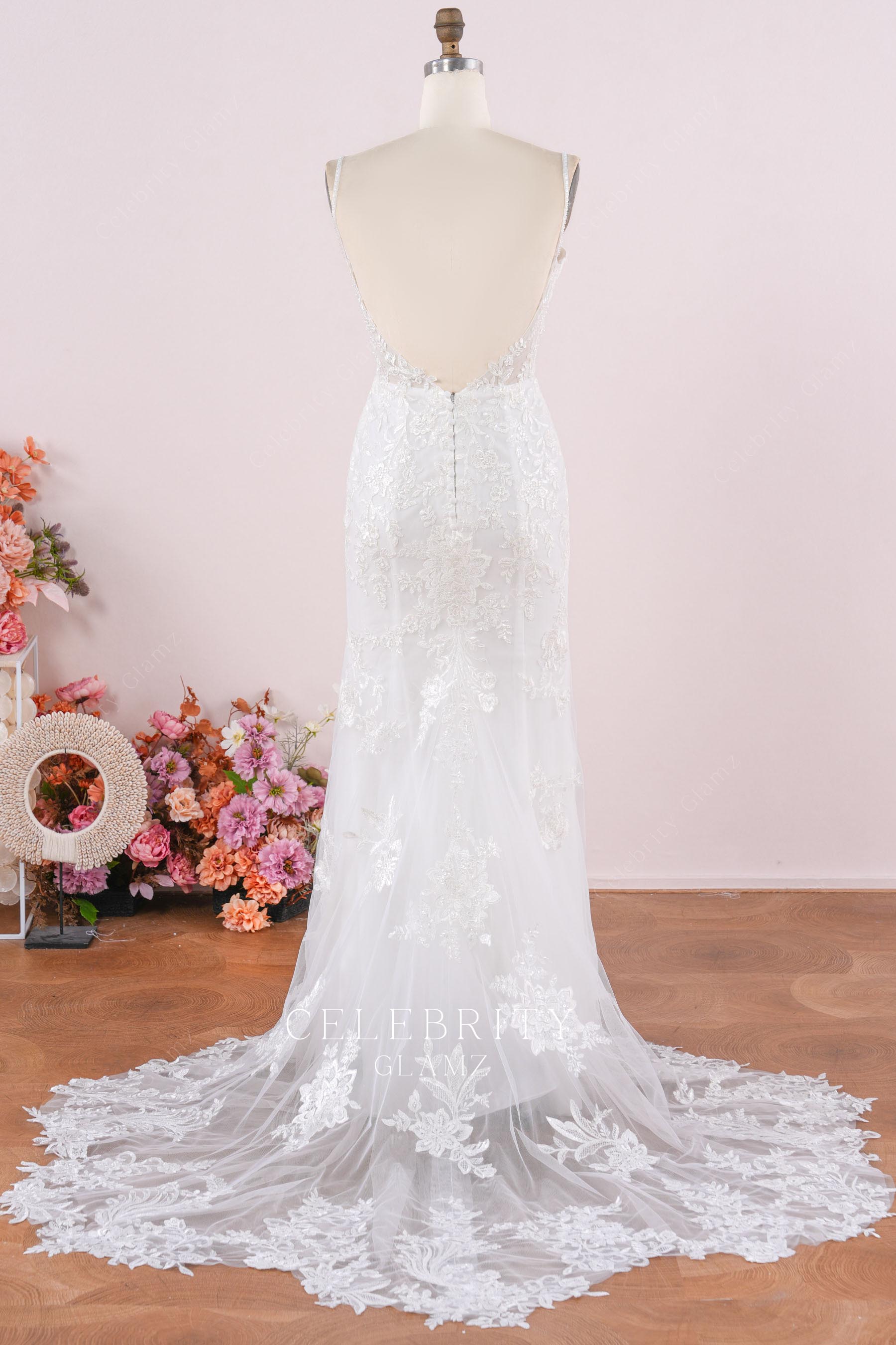 delicate lace mermaid chapel train dress