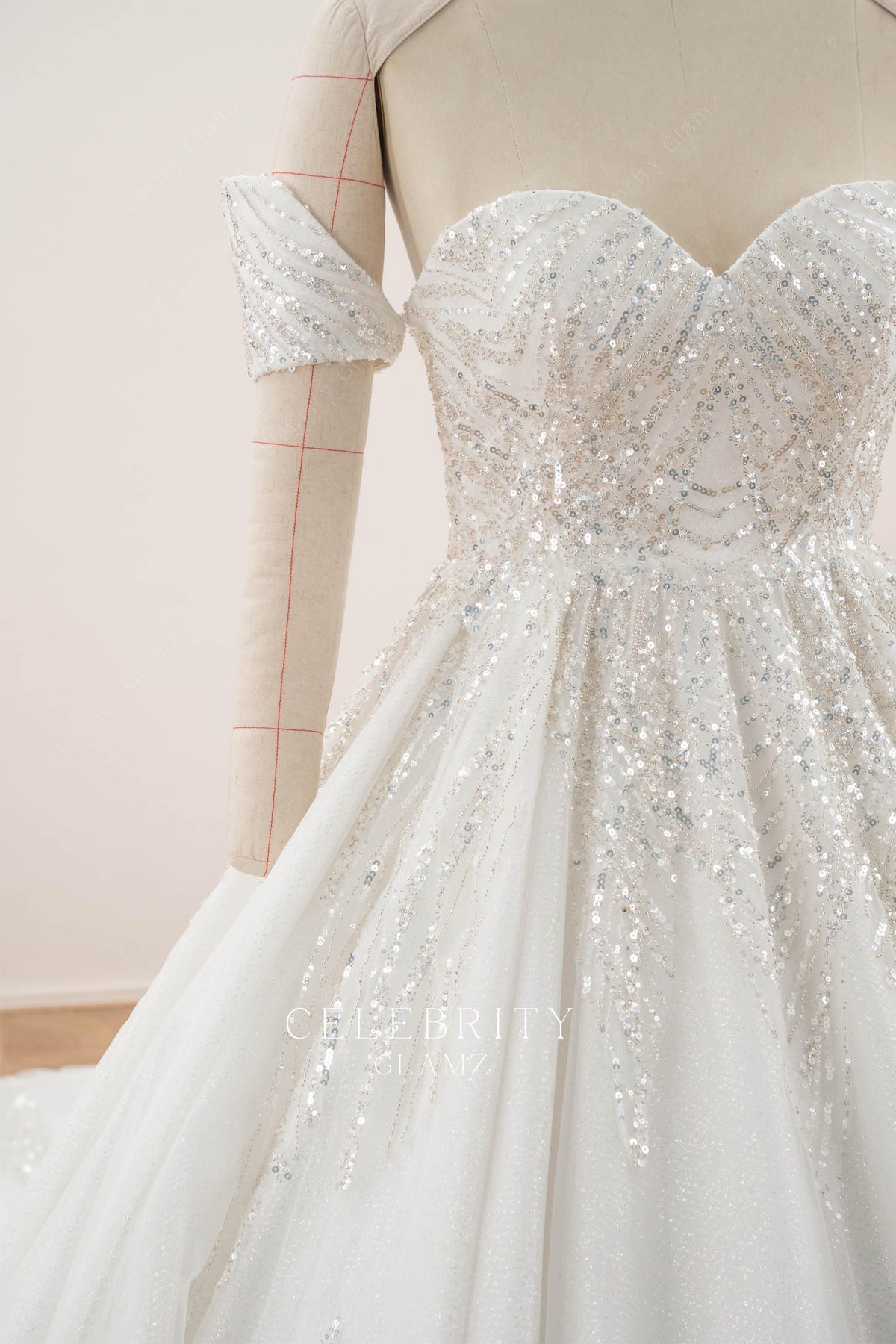 detachable sleeves gliitter wedding dress