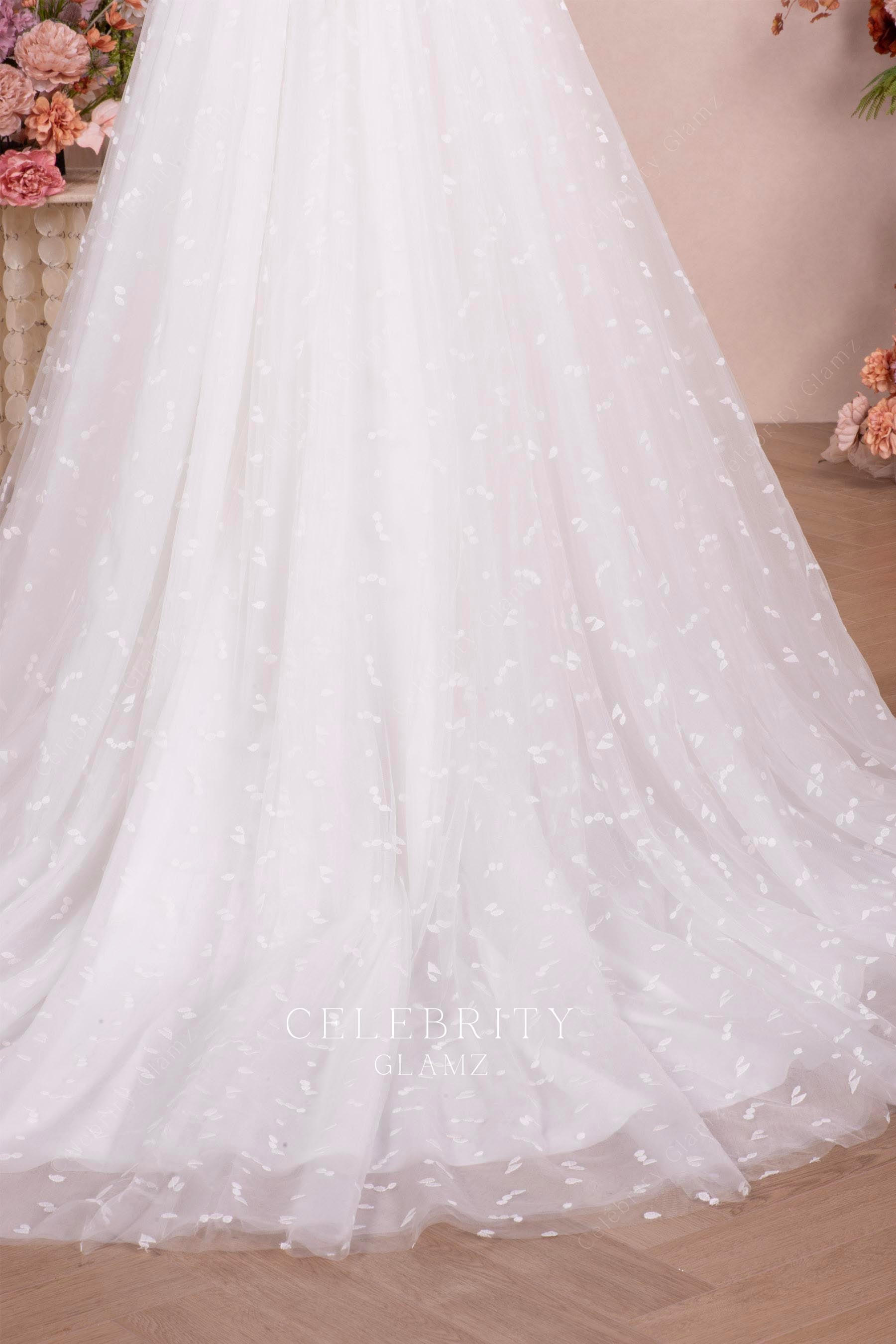 dot tulle long train wedding dress