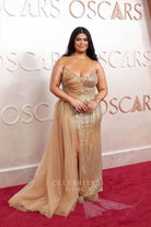 Drew Afualo 2025 Oscars red carpet flowing train dress